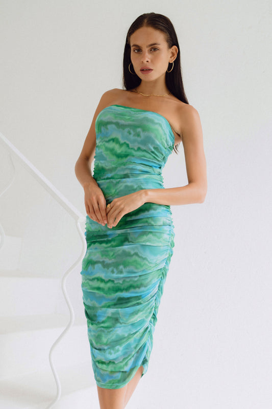 Kylie 绿色抽象网布褶饰修身中长连衣裙