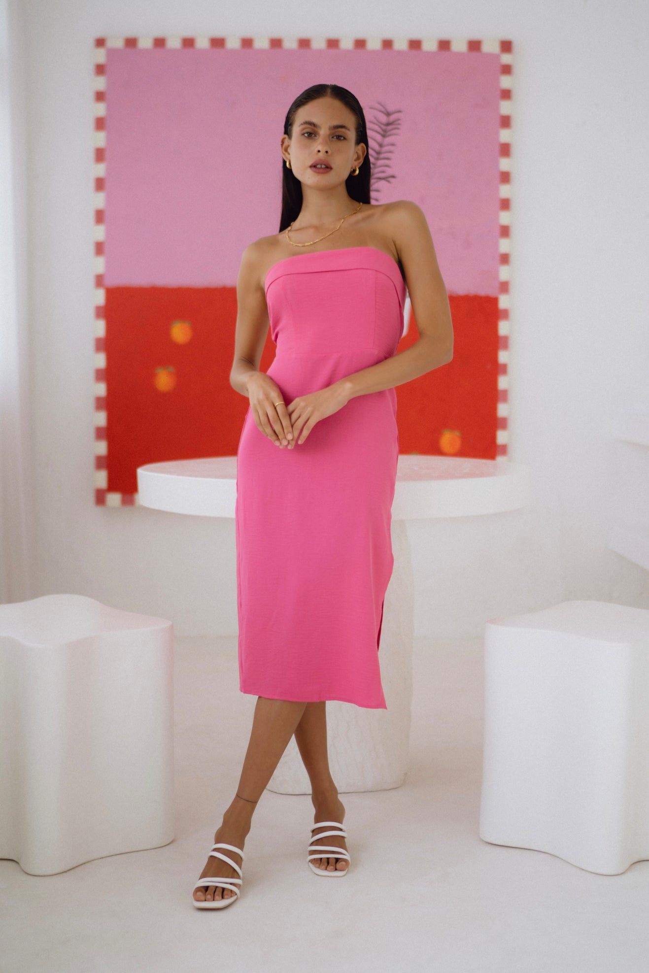 Natalie Hot Pink Strapless Midi Dress