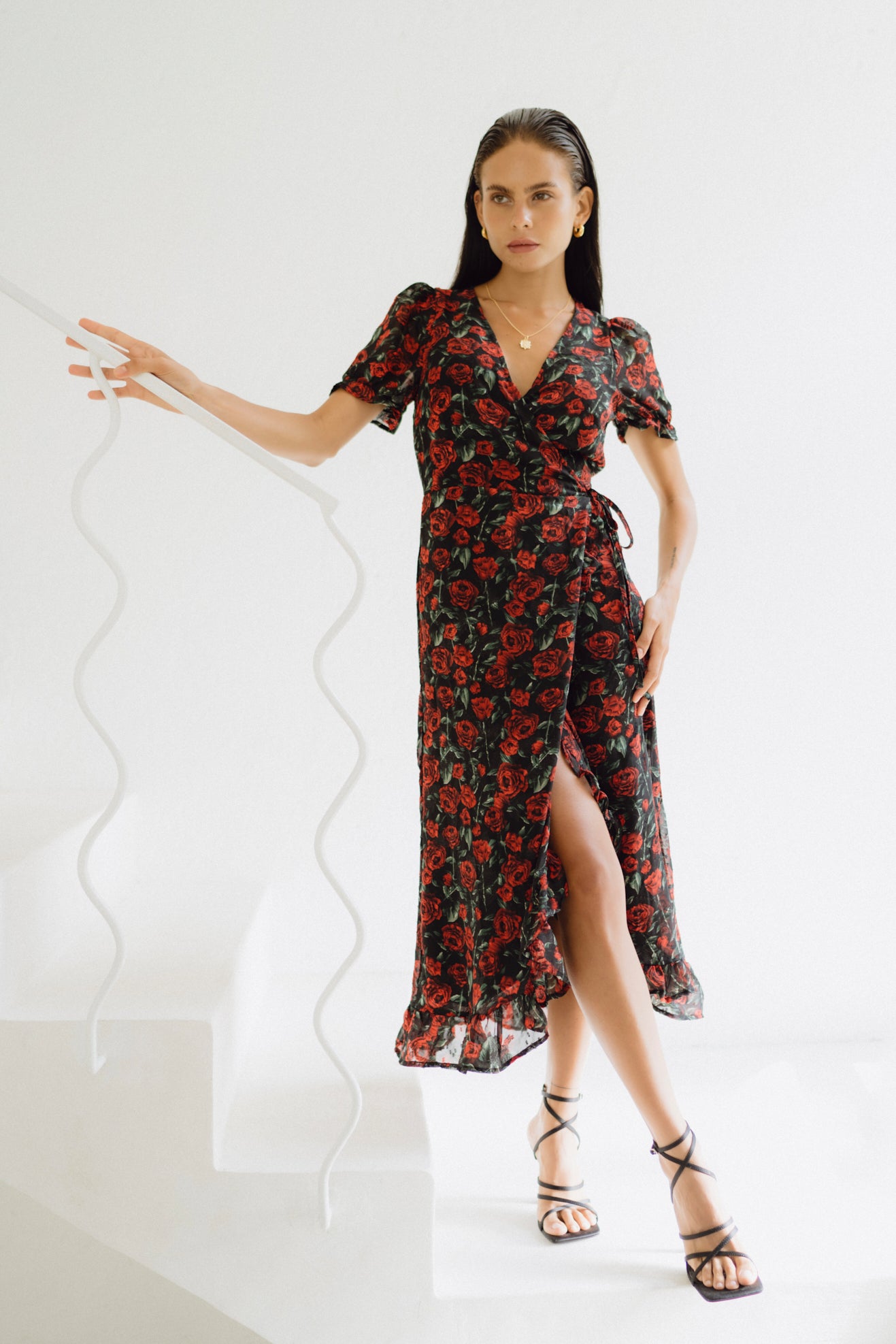 Heychic Evelyn Black Red Floral Wrap Midi Dress, AU 6