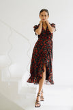 Evelyn Black Red Floral Wrap Midi Dress