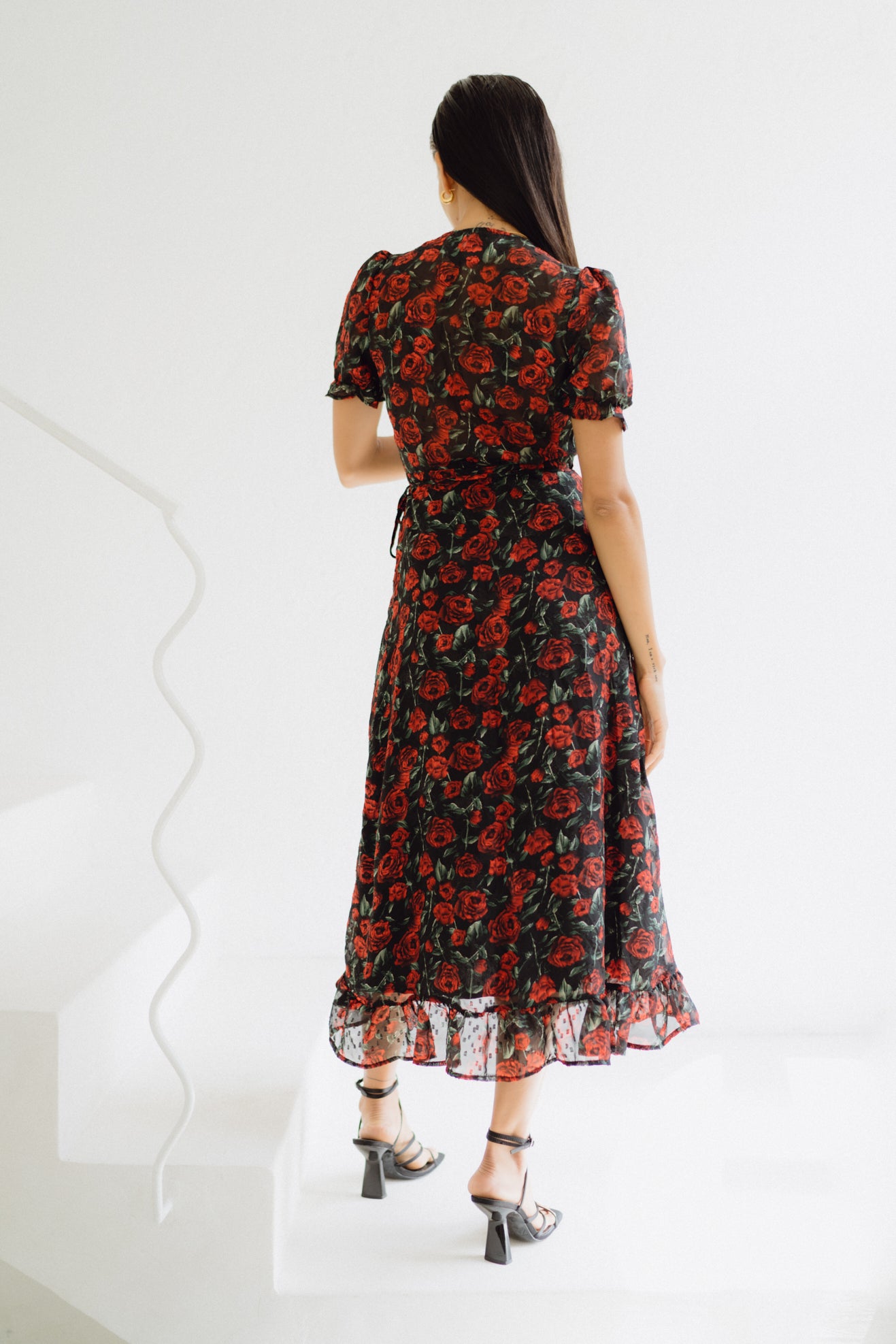 Evelyn Black Red Floral Wrap Midi Dress Evelyn Black Red Floral Wrap Midi Dress