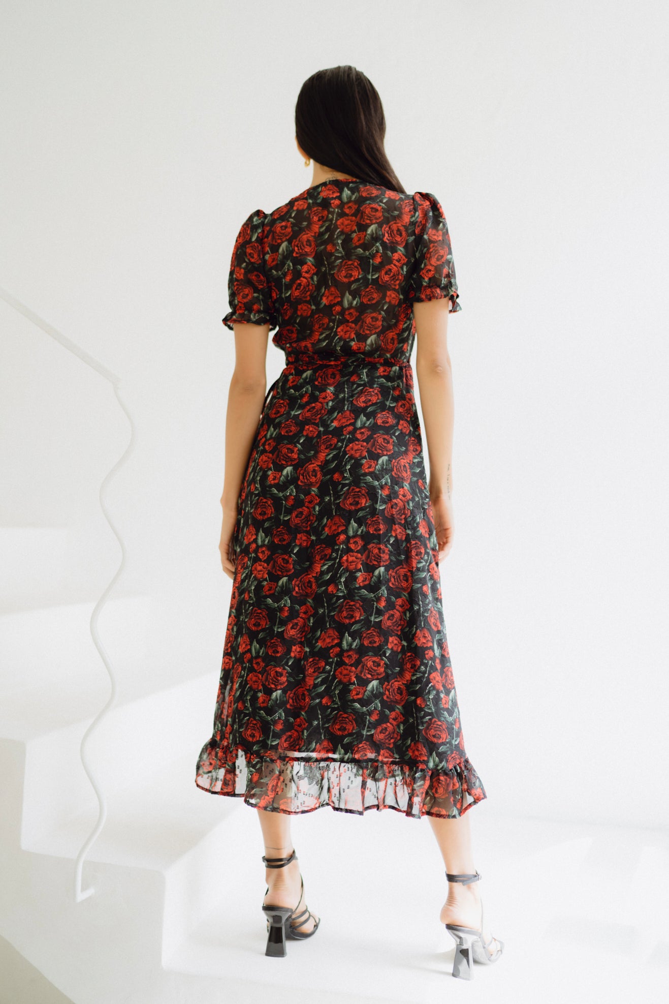 Evelyn Black Red Floral Wrap Midi Dress