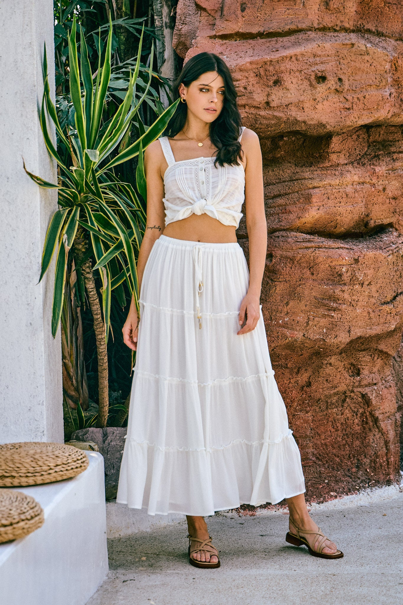 Marina White Seashell Tiered Maxi Skirt