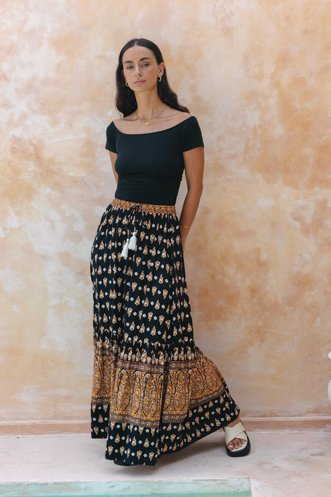 Leila Black Boho Maxi Skirt