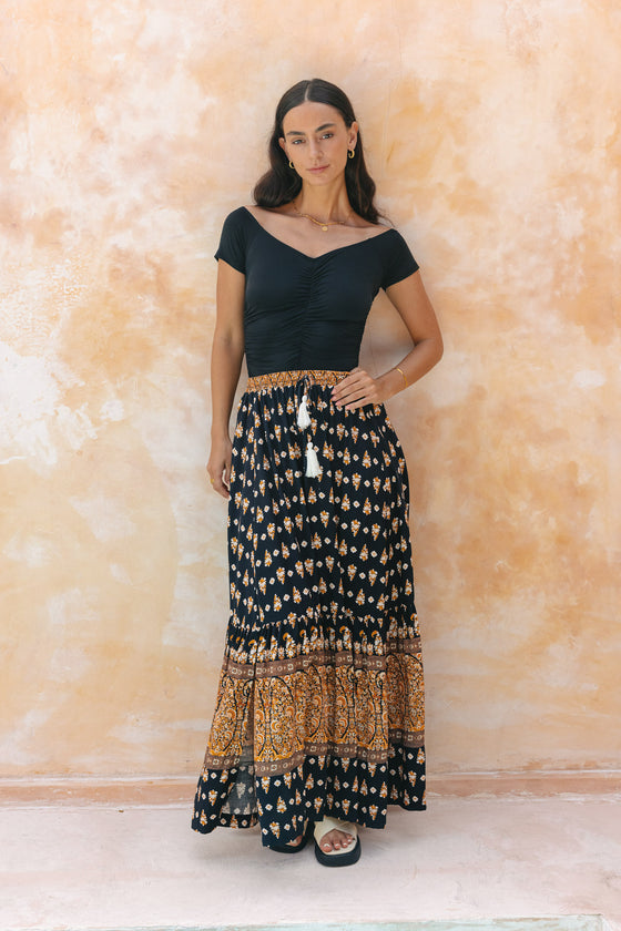Black Lace Panel Boho Maxi Skirt main image 0