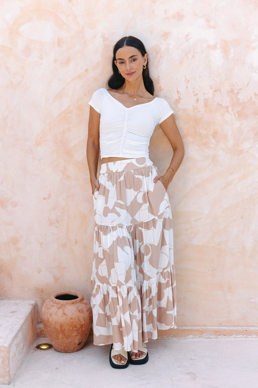 Rhiona Beige Geometric Tiered Maxi Skirt