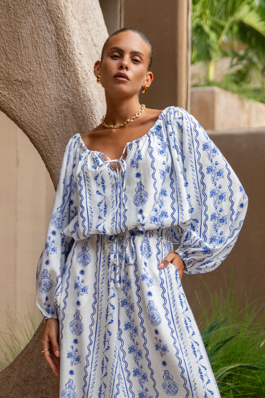 Antheia Blue Floral Balloon Sleeve Top