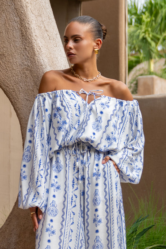Antheia Blue Floral Balloon Sleeve Top