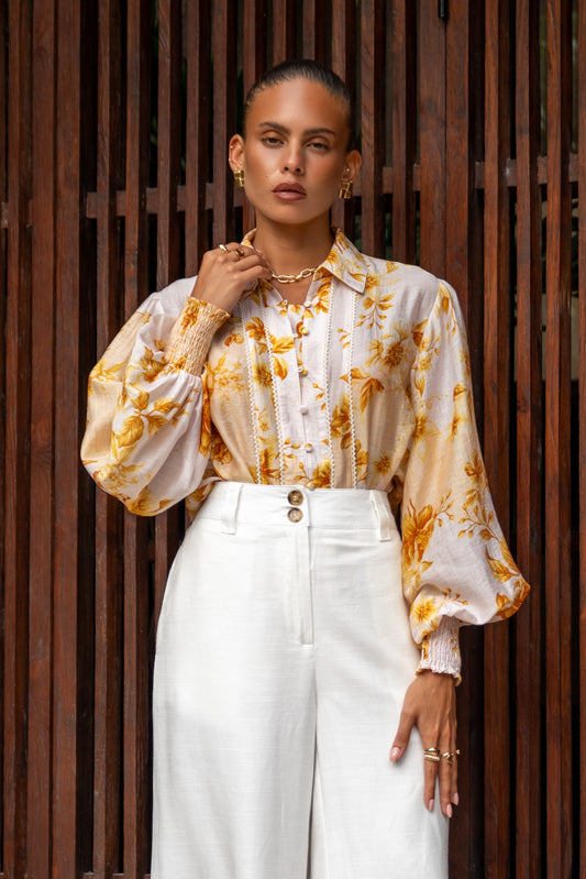 Fiorella Yellow Floral Balloon Sleeve Blouse