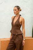 Adela Brown Plunge Halter Neck Top