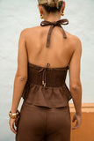 Adela Brown Plunge Halter Neck Top