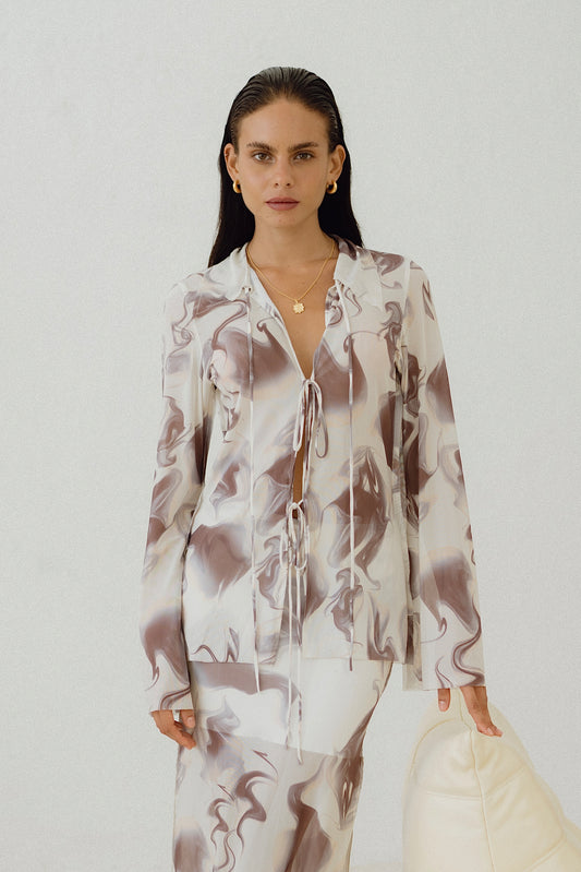Aria Brown Abstract Marble Mesh Tie Top