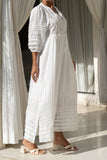 side view close up of white lace detail maxi dress