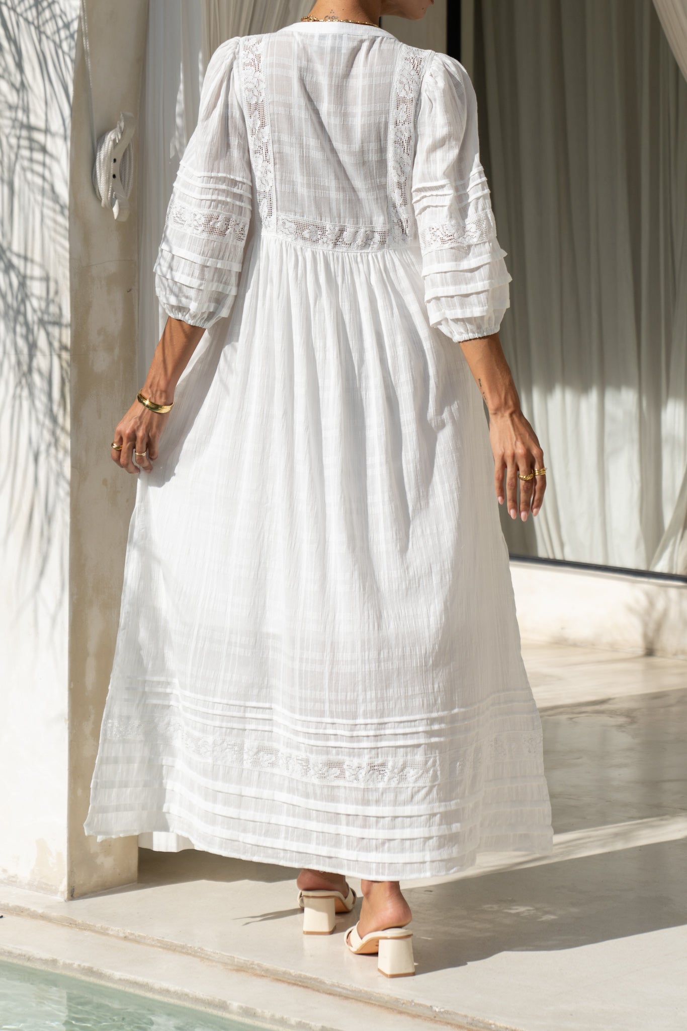 back view close up of white lace detail maxi dress