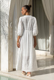 back view of white lace detail maxi dress