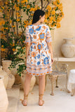 Sophia Orange Blue Floral V-Neck Mini Dress
