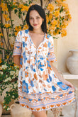 Sophia Orange Blue Floral V-Neck Mini Dress