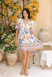 Sophia Orange Blue Floral V-Neck Mini Dress