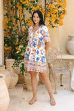 Sophia Orange Blue Floral V-Neck Mini Dress