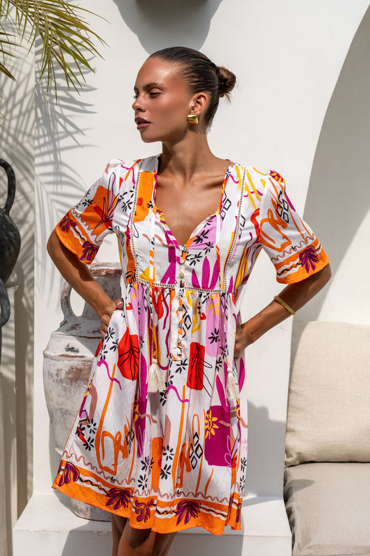 Saffron Orange Abstract V-Neck Mini Dress