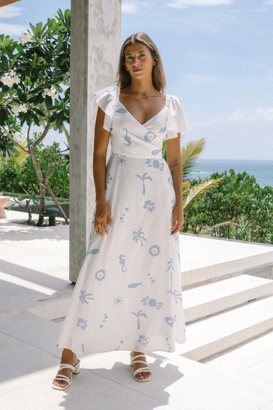 Marini White Blue Tropical Multiway Maxi Dress