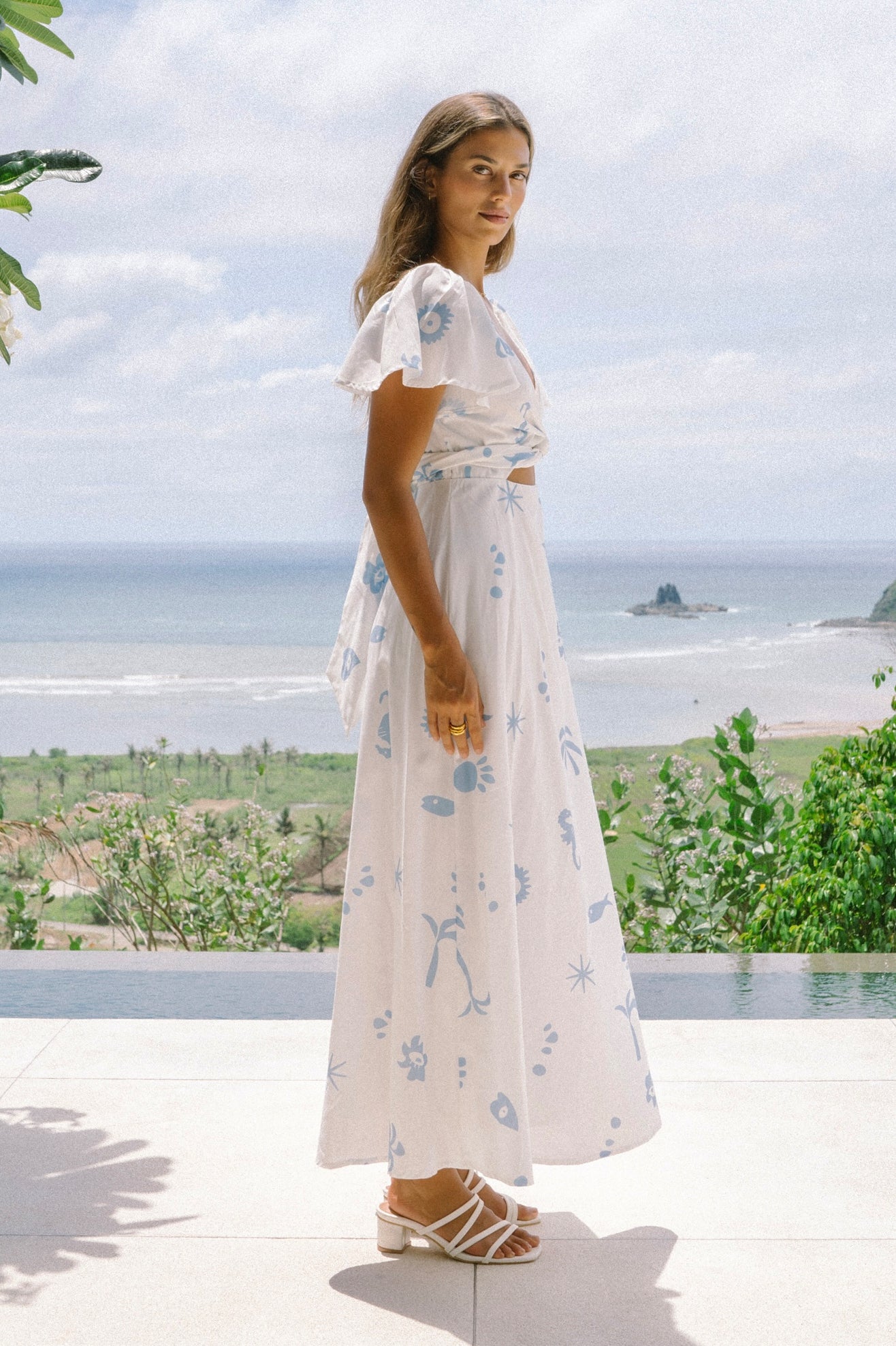Marini White Blue Tropical Multiway Maxi Dress