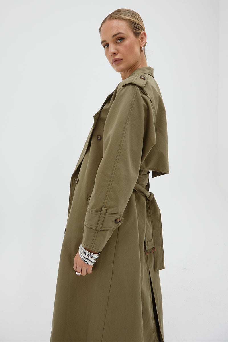 Agency Olive Belted Double Breasted Trench Coat