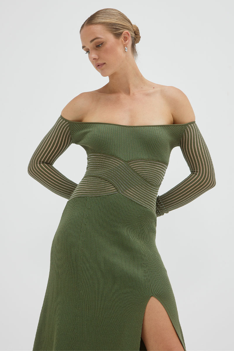 Tilt Olive Long Sleeve Knit Midi Dress