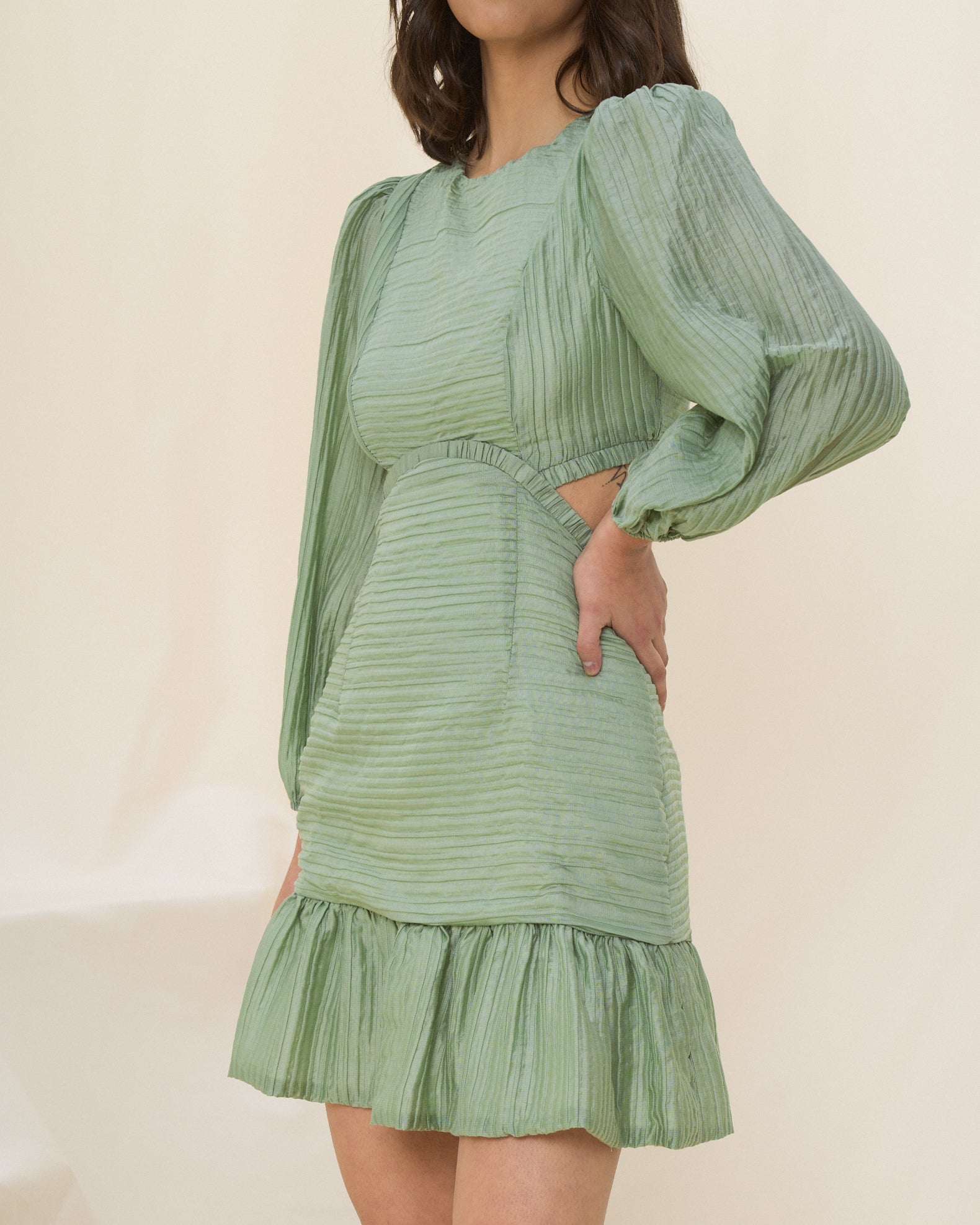 Esper Sage Green Long Sleeve Cut Out Mini Dress
