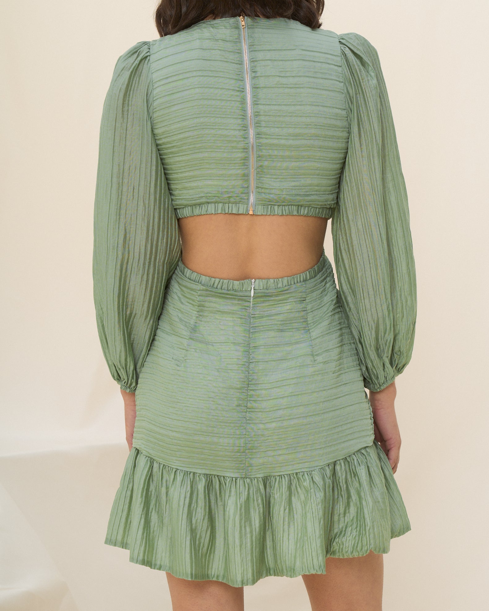 HEYCHIC Esper Sage Green Long Sleeve Cut Out Mini Dress, AU 6 HEYCHIC Esper Sage Green Long Sleeve Cut Out Mini Dress, AU 6
