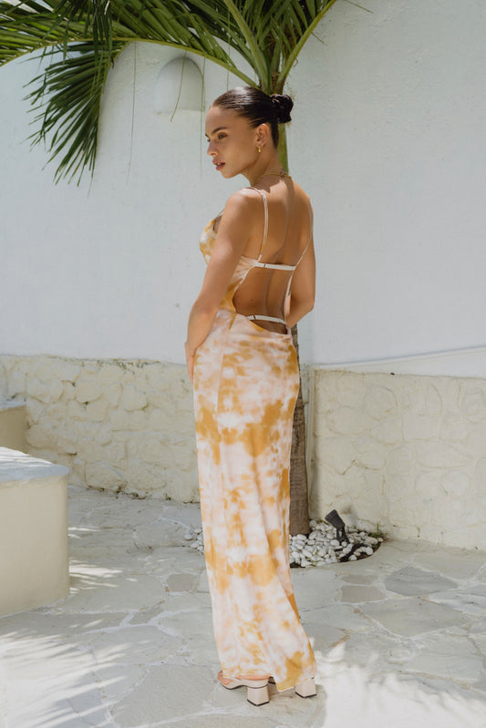 Isabela Yellow Tie Dye Abstract Maxi Dress