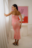Coralie Peach Pink Abstract Strapless Midi Dress