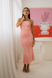 Coralie Peach Pink Abstract Strapless Midi Dress