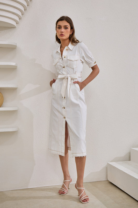 Coco White Button Down Belted Midi Dress