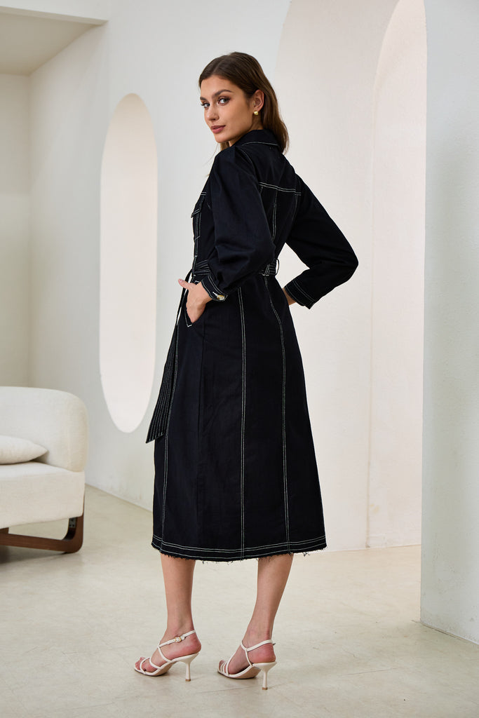Button-Down Belted Midi Dress with Lace Detail