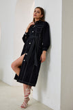 Cleo Black Button Down Belted Midi Dress