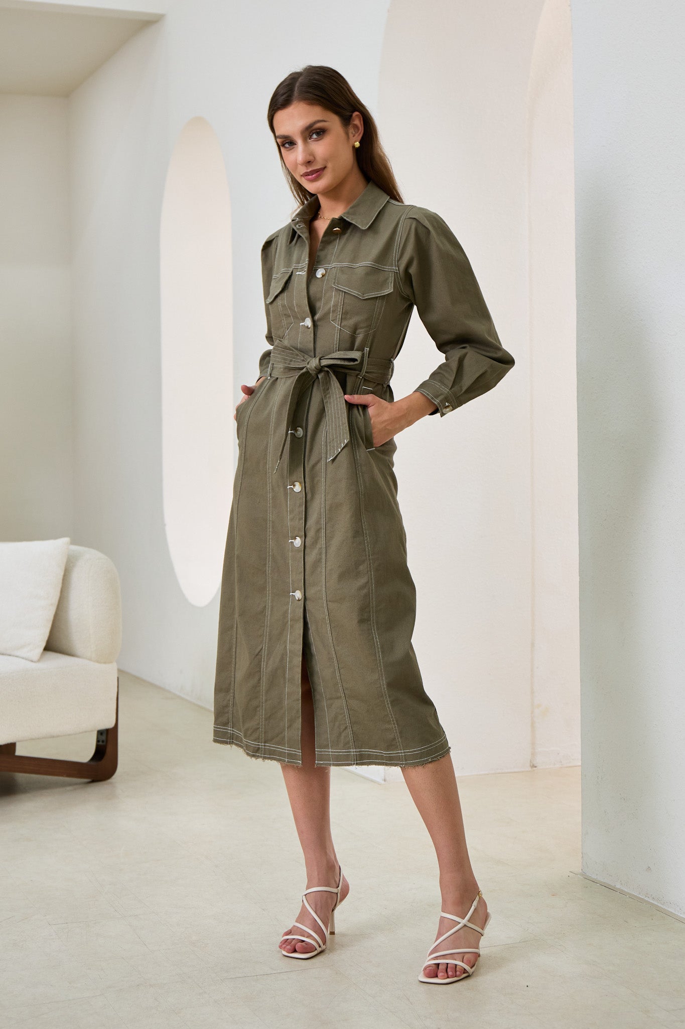 Heychic Cleo Khaki Green Button Down Belted Midi Dress, AU 6 Heychic Cleo Khaki Green Button Down Belted Midi Dress, AU 6