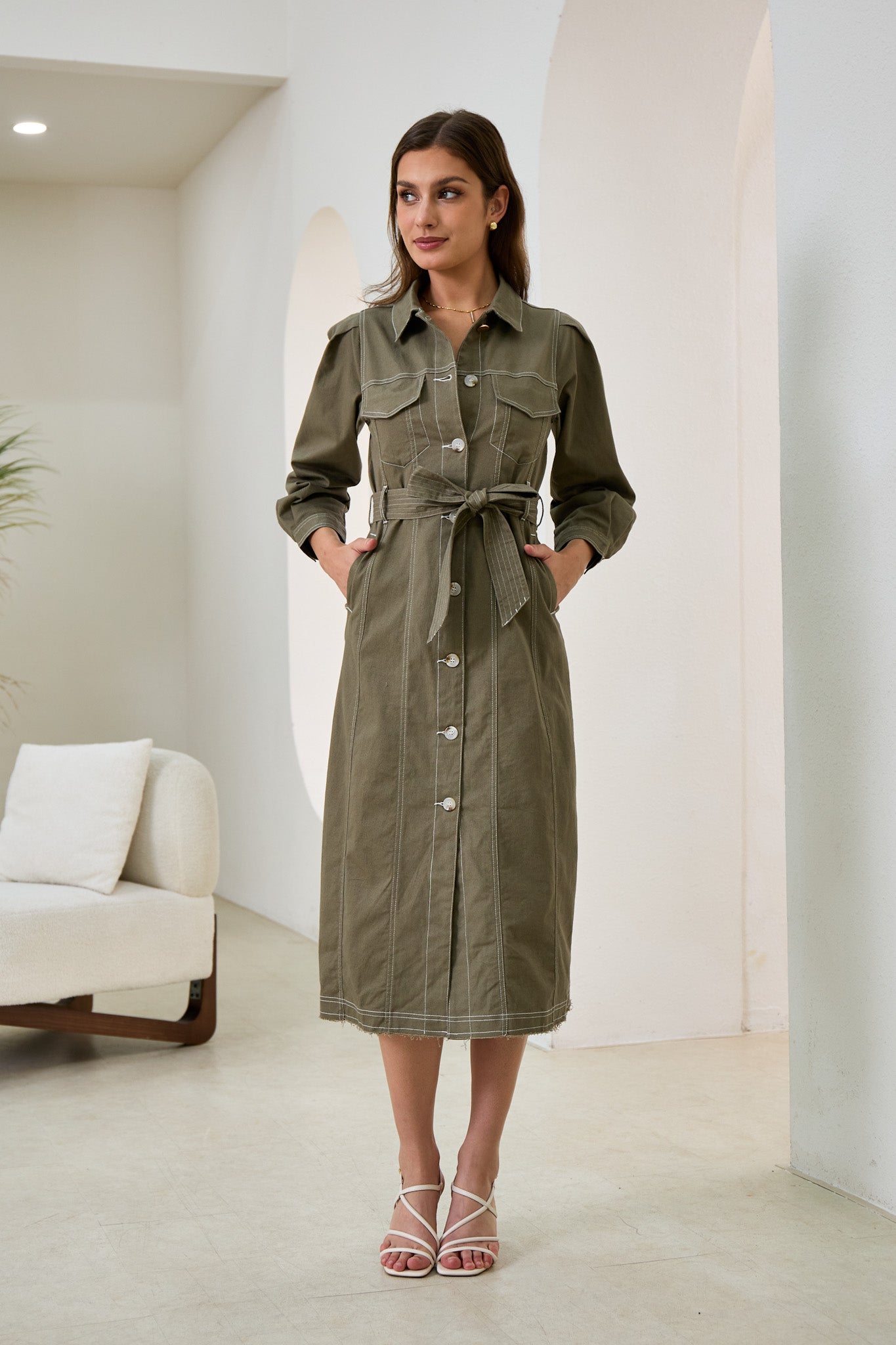 Heychic Cleo Khaki Green Button Down Belted Midi Dress, AU 6 Heychic Cleo Khaki Green Button Down Belted Midi Dress, AU 6