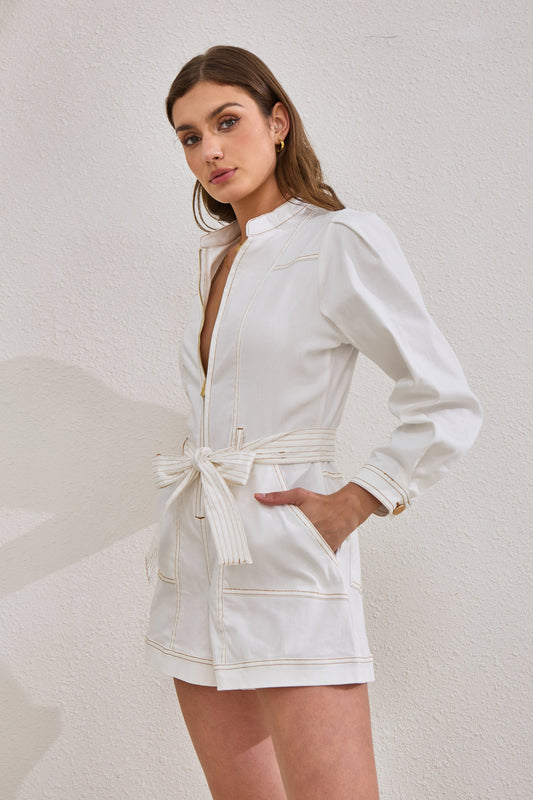 Asher White Zip Front Long Sleeve Playsuit