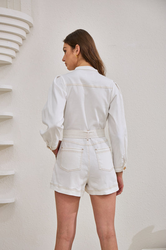 Asher White Zip Front Long Sleeve Playsuit