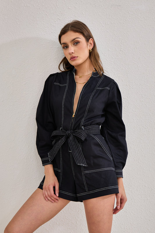 Asher Black Zip Front Long Sleeve Playsuit