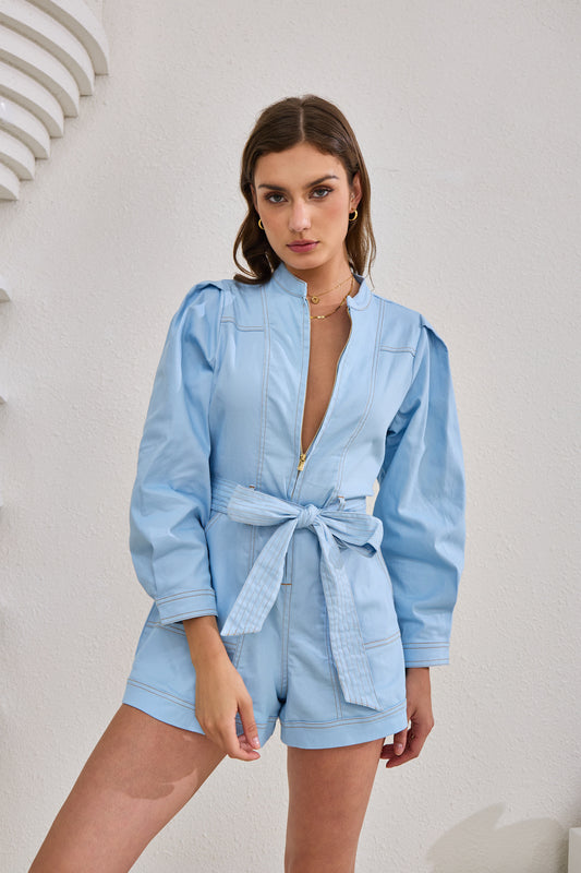 Asher Blue Zip Front Long Sleeve Playsuit