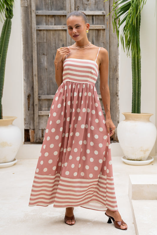 Iona Pink Stripe Polka Dot Maxi Dress