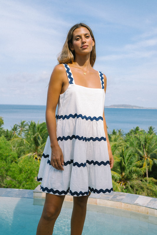 Kalliope White Navy Ric Rac Tiered Mini Dress