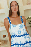 Soleia White Blue Tropical Ric Rac Tiered Mini Dress