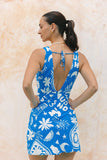 Soquila Blue Tropical Bias Mini Dress