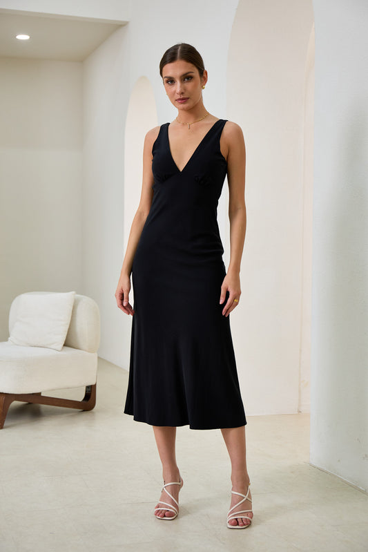 Aeisha Black Cupro Bias Midi Dress