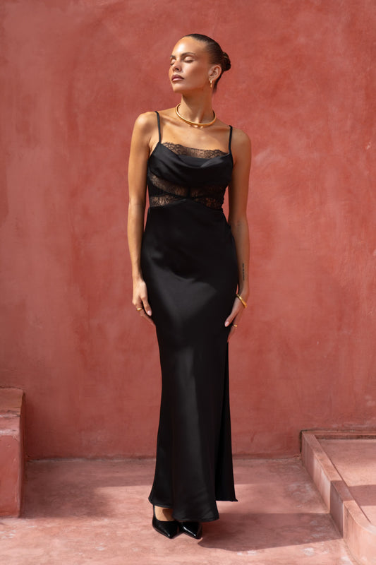 Lyna Black Satin Cowl Neck Maxi Dress