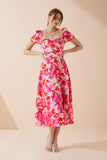 Mabel Pink Red Floral Sweetheart Midi Dress