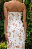 Ailani Brown Tropical Strapless Maxi Dress